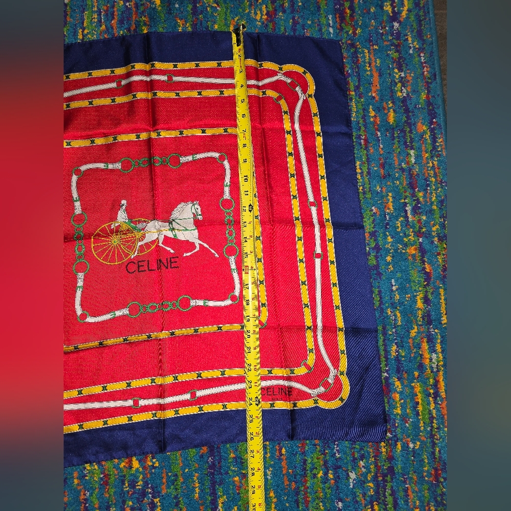 Celine Red, Blue, White And Gold 100% Silk Scarf 26x26 - Picture 4 of 4